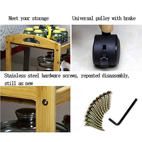 3 Tier Tea Cart, Storage Serving Wine Cart Multifunction Utility Trolley, Kitchen Island with Wheels and Armrest, for Kitchen Bathroom Hotel - Bamboo (3 layers)