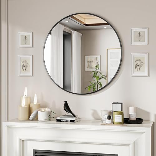 BEAUTYPEAK 60 cm Round Mirror Decorative Wall Mirror for Bathroom, Vanity, Living Room, Entrance Area, Round Mirror Edged in Elegant Aluminium Frame