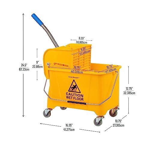 Mind Reader Mop Bucket with Wringer, 22 Qt (5.5 Gallon), Floor Cleaning, Handle, Wheels, 16.25"L x 10.75"W x 24.5"H, Yellow