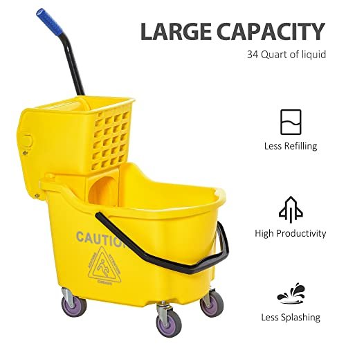 HOMCOM Mop Bucket Cart with Side Press Wringer, Metal Handle and 34 Quart Capacity, Yellow