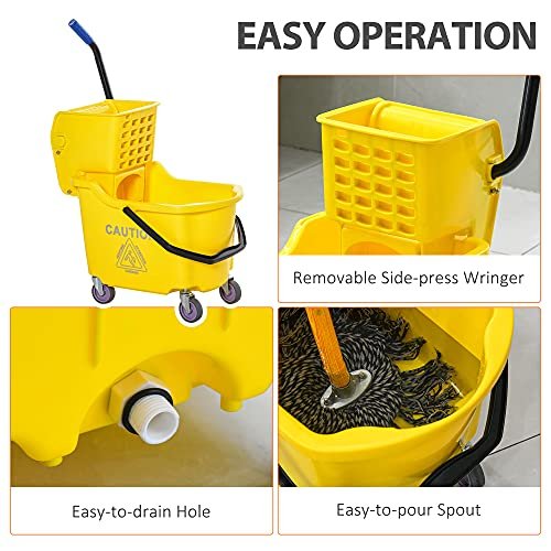 HOMCOM Mop Bucket Cart with Side Press Wringer, Metal Handle and 34 Quart Capacity, Yellow