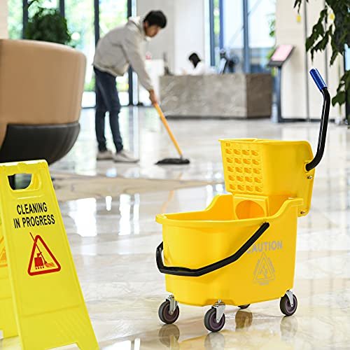 HOMCOM Mop Bucket Cart with Side Press Wringer, Metal Handle and 34 Quart Capacity, Yellow