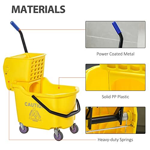 HOMCOM Mop Bucket Cart with Side Press Wringer, Metal Handle and 34 Quart Capacity, Yellow