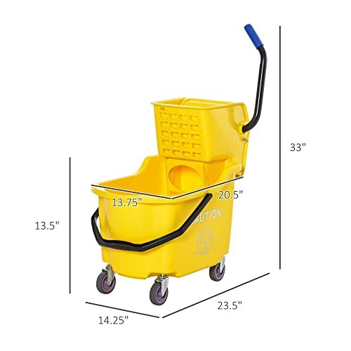 HOMCOM Mop Bucket Cart with Side Press Wringer, Metal Handle and 34 Quart Capacity, Yellow