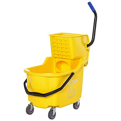HOMCOM Mop Bucket Cart with Side Press Wringer, Metal Handle and 34 Quart Capacity, Yellow
