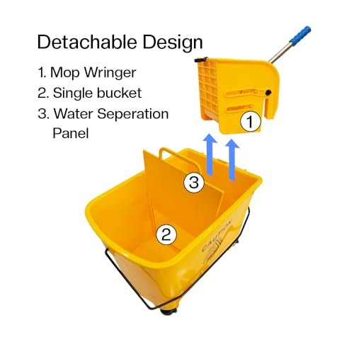 Berry Wringer Mop Bucket Trolley with 4 Wheels Yellow - 20L Mop Squeezer Bucket with Caution Wet Floor Sign | Commercial Cleaning Trolley for Businesses, Hospitals, Schools, Offices (20L)
