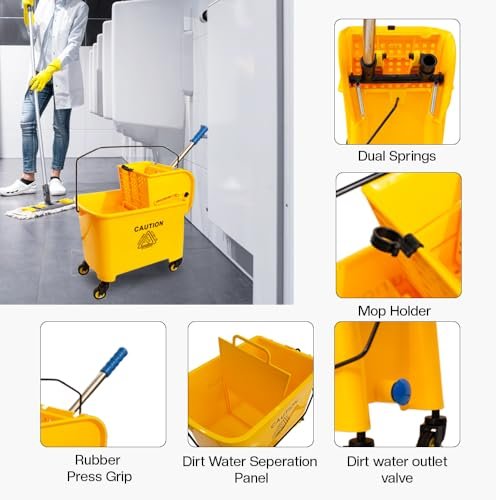 Berry Wringer Mop Bucket Trolley with 4 Wheels Yellow - 20L Mop Squeezer Bucket with Caution Wet Floor Sign | Commercial Cleaning Trolley for Businesses, Hospitals, Schools, Offices (20L)
