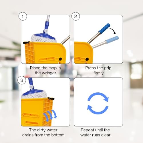 Berry Wringer Mop Bucket Trolley with 4 Wheels Yellow - 20L Mop Squeezer Bucket with Caution Wet Floor Sign | Commercial Cleaning Trolley for Businesses, Hospitals, Schools, Offices (20L)
