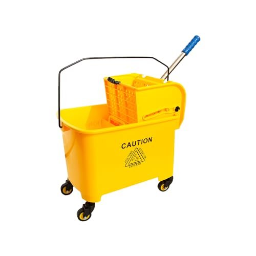 Berry Wringer Mop Bucket Trolley with 4 Wheels Yellow - 20L Mop Squeezer Bucket with Caution Wet Floor Sign | Commercial Cleaning Trolley for Businesses, Hospitals, Schools, Offices (20L)