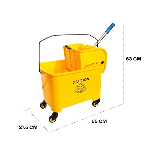 Berry Wringer Mop Bucket Trolley with 4 Wheels Yellow - 20L Mop Squeezer Bucket with Caution Wet Floor Sign | Commercial Cleaning Trolley for Businesses, Hospitals, Schools, Offices (20L)