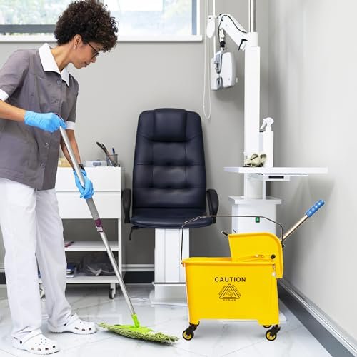 Berry Wringer Mop Bucket Trolley with 4 Wheels Yellow - 20L Mop Squeezer Bucket with Caution Wet Floor Sign | Commercial Cleaning Trolley for Businesses, Hospitals, Schools, Offices (20L)
