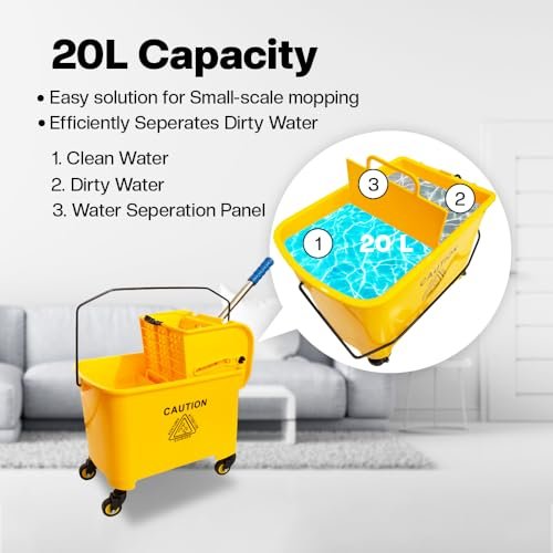 Berry Wringer Mop Bucket Trolley with 4 Wheels Yellow - 20L Mop Squeezer Bucket with Caution Wet Floor Sign | Commercial Cleaning Trolley for Businesses, Hospitals, Schools, Offices (20L)