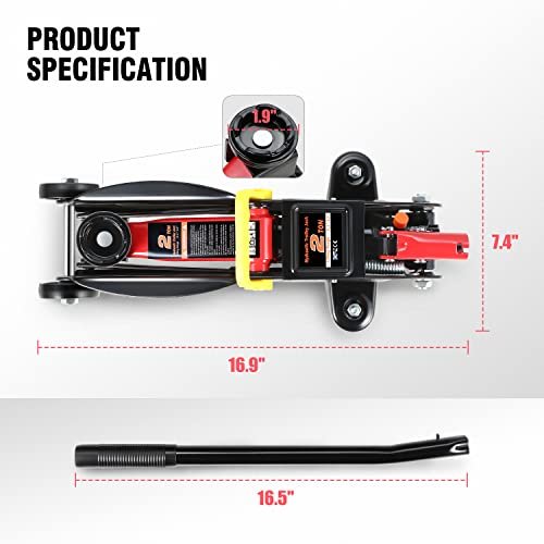 DNA MOTORING Floor Jack 2 Ton (4000 lbs) Capacity, Fast Lift Low Profile Hydraulic Trolley Jack, Steel Heavy-Duty Service Car Jack, Lifting Range 5.1"-13", Red, TOOLS-00234-RD
