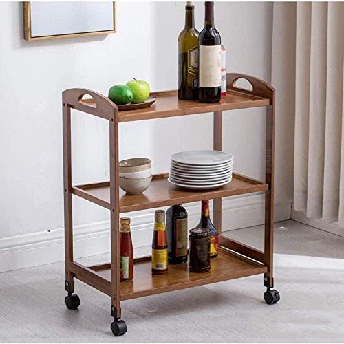 Brown Bamboo Serving Trolley, 3 Tier, Rustic Style, Flexible Wheels, 21 cm (W x D x H), Storage Unit