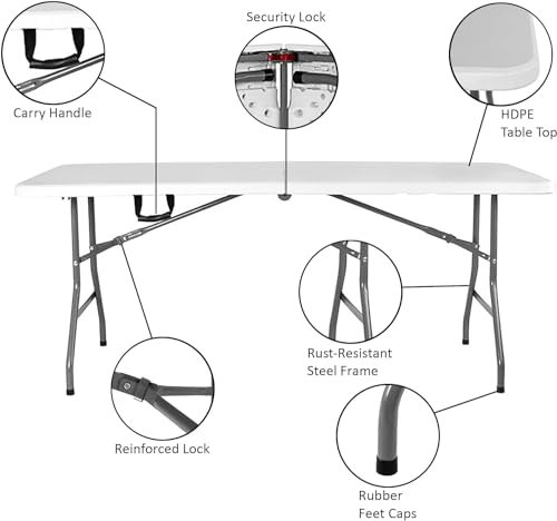 CCOVERY Folding Table, White, 150×72×74cm, Portable, Space Saving, Indoor & Outdoor