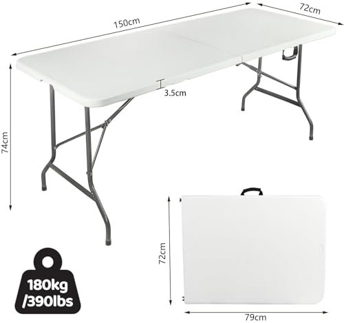 CCOVERY Folding Table, White, 150×72×74cm, Portable, Space Saving, Indoor & Outdoor