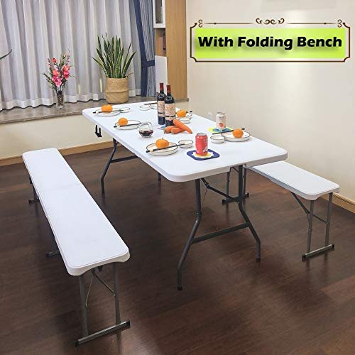 GARDENJOY 5ft Folding Table, Trestle Heavy Duty Plastic Fold-in-Half Portable Dining Table w/Carry Handle Indoor Outdoor for Camping Picnic Garden Party BBQ