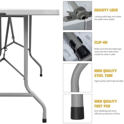 AUTOYSUR Folding Table, Portable Camping Table, Heavy Duty Plastic Fold-in-Half Utility Foldable Table Plastic Dining Table Indoor Outdoor for Camping, Picnic and Party, White (1.5M)