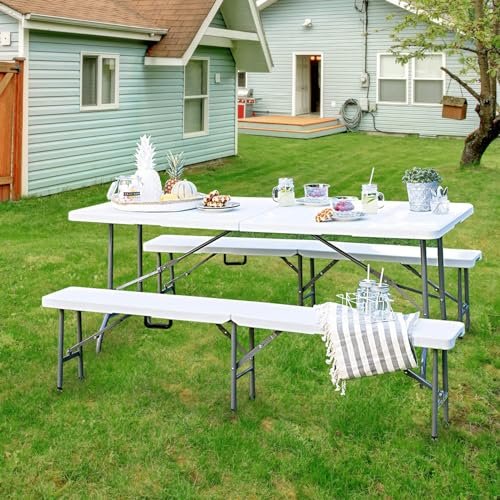 AUTOYSUR Folding Table, Portable Camping Table, Heavy Duty Plastic Fold-in-Half Utility Foldable Table Plastic Dining Table Indoor Outdoor for Camping, Picnic and Party, White (1.5M)