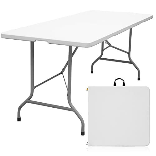 AUTOYSUR Folding Table, Portable Camping Table, Heavy Duty Plastic Fold-in-Half Utility Foldable Table Plastic Dining Table Indoor Outdoor for Camping, Picnic and Party, White (1.5M)