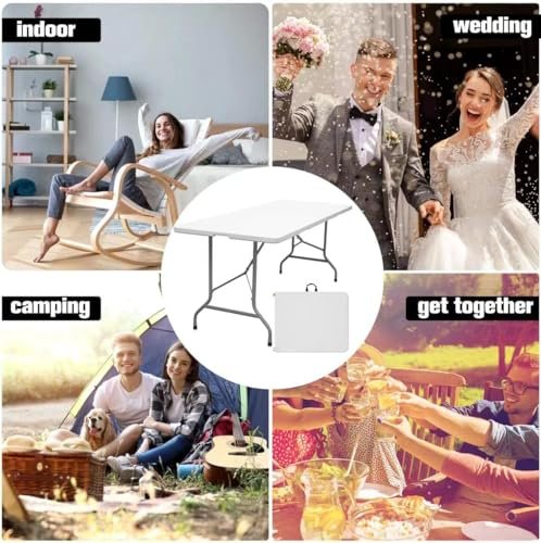 AUTOYSUR Folding Table, Portable Camping Table, Heavy Duty Plastic Fold-in-Half Utility Foldable Table Plastic Dining Table Indoor Outdoor for Camping, Picnic and Party, White (1.5M)
