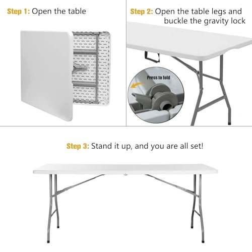 AUTOYSUR Folding Table, Portable Camping Table, Heavy Duty Plastic Fold-in-Half Utility Foldable Table Plastic Dining Table Indoor Outdoor for Camping, Picnic and Party, White (1.5M)