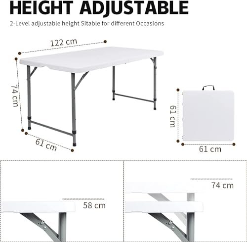 AUTOYSUR Folding Table, Portable Camping Table, Heavy Duty Plastic Fold-in-Half Utility Foldable Table Plastic Dining Table Indoor Outdoor for Camping, Picnic and Party, White (1.5M)
