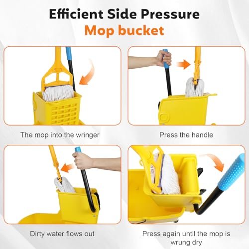 FAHKNS Commercial Mop Bucket with Wringer on Wheels, 35 Quart Mop Bucket with Commercial Mop, No Need to Change Water Frequently, Mops and Buckets for Floor Cleaning/Wet Mopping, Yellow