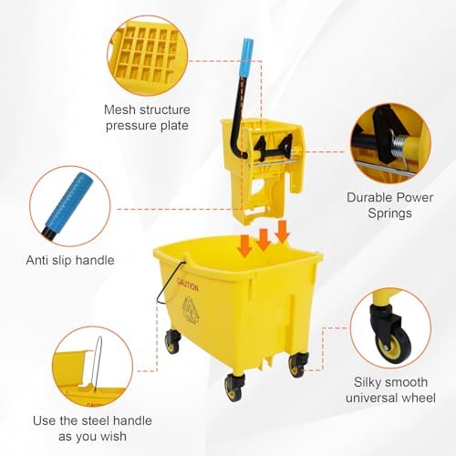 FAHKNS Commercial Mop Bucket with Wringer on Wheels, 35 Quart Mop Bucket with Commercial Mop, No Need to Change Water Frequently, Mops and Buckets for Floor Cleaning/Wet Mopping, Yellow