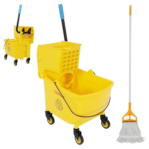 FAHKNS Commercial Mop Bucket with Wringer on Wheels, 35 Quart Mop Bucket with Commercial Mop, No Need to Change Water Frequently, Mops and Buckets for Floor Cleaning/Wet Mopping, Yellow