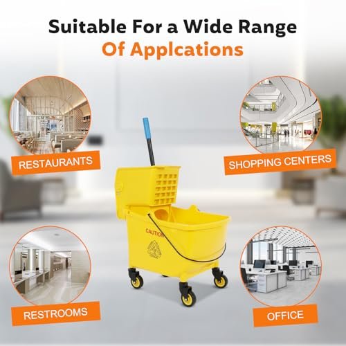 FAHKNS Commercial Mop Bucket with Wringer on Wheels, 35 Quart Mop Bucket with Commercial Mop, No Need to Change Water Frequently, Mops and Buckets for Floor Cleaning/Wet Mopping, Yellow