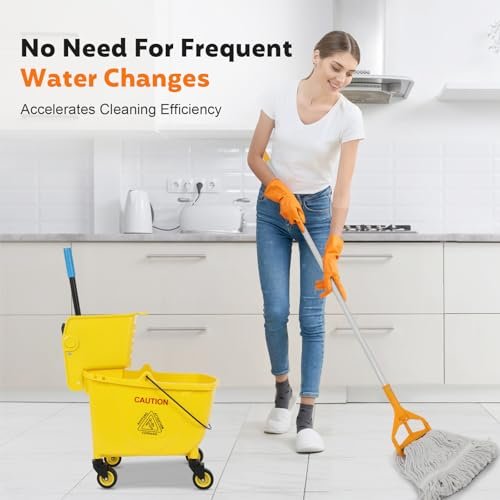 FAHKNS Commercial Mop Bucket with Wringer on Wheels, 35 Quart Mop Bucket with Commercial Mop, No Need to Change Water Frequently, Mops and Buckets for Floor Cleaning/Wet Mopping, Yellow