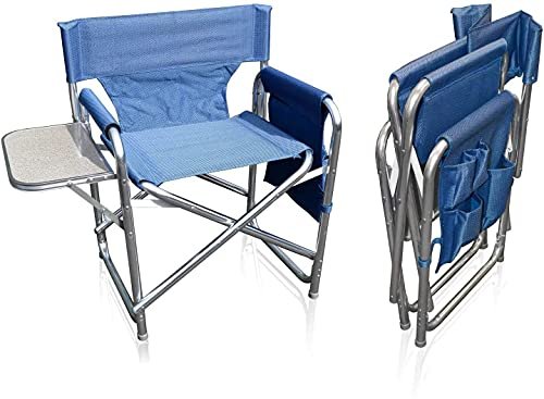 MP Essentials Strong Sturdy Portable Travel Sports Directors Chair with Pockets & Table (Blue)