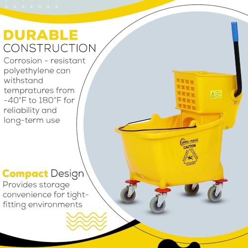 Simpli-Magic 79358 Commercial Mop Bucket with Side Press Wringer, 26 Quart, 14.75"L x 12.95"W x 19.95"H, Yellow