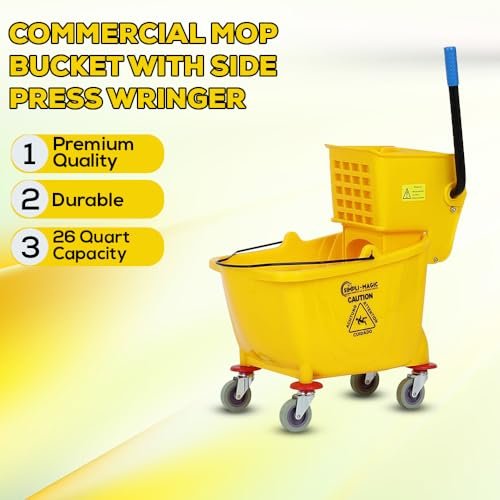 Simpli-Magic 79358 Commercial Mop Bucket with Side Press Wringer, 26 Quart, 14.75"L x 12.95"W x 19.95"H, Yellow