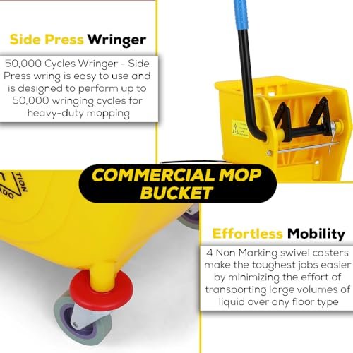 Simpli-Magic 79358 Commercial Mop Bucket with Side Press Wringer, 26 Quart, 14.75"L x 12.95"W x 19.95"H, Yellow