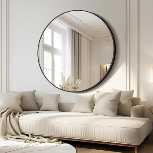 CIVENO Black Round Mirror 39 inch Large Circle Mirror, Aluminum Alloy Metal Frame Bathroom Mirror, Round Wall Mirror, Circle Mirrors for Wall Entryway Bedroom Living Room