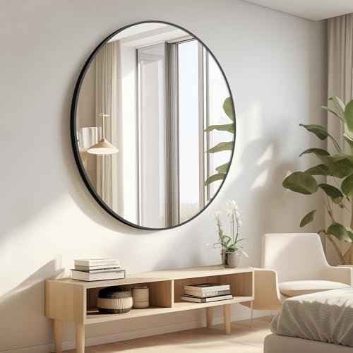 CIVENO Black Round Mirror 39 inch Large Circle Mirror, Aluminum Alloy Metal Frame Bathroom Mirror, Round Wall Mirror, Circle Mirrors for Wall Entryway Bedroom Living Room