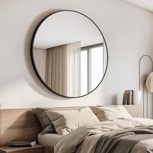 CIVENO Black Round Mirror 39 inch Large Circle Mirror, Aluminum Alloy Metal Frame Bathroom Mirror, Round Wall Mirror, Circle Mirrors for Wall Entryway Bedroom Living Room