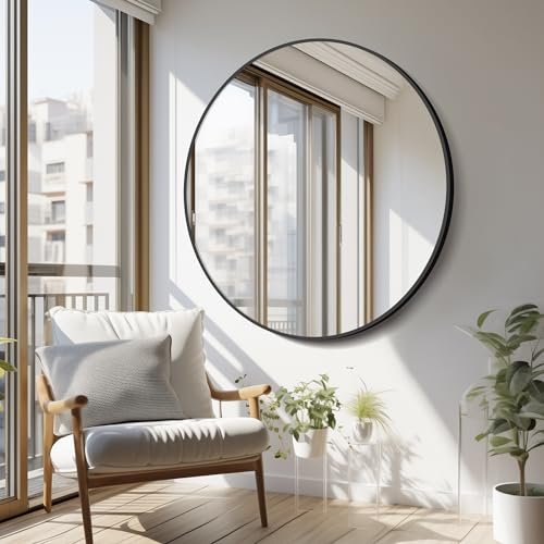 CIVENO Black Round Mirror 39 inch Large Circle Mirror, Aluminum Alloy Metal Frame Bathroom Mirror, Round Wall Mirror, Circle Mirrors for Wall Entryway Bedroom Living Room