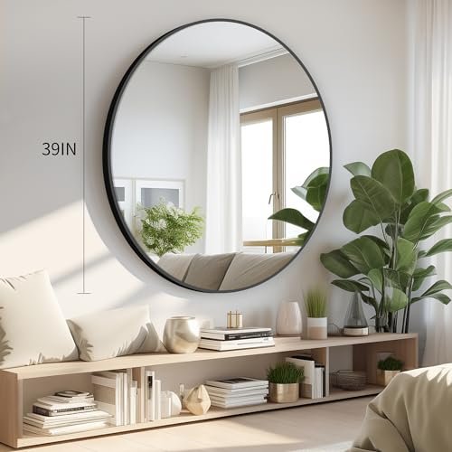 CIVENO Black Round Mirror 39 inch Large Circle Mirror, Aluminum Alloy Metal Frame Bathroom Mirror, Round Wall Mirror, Circle Mirrors for Wall Entryway Bedroom Living Room