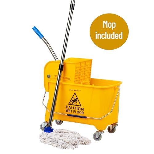 Mind Reader Bucket with Wringer and Mop Set, 22 Qt (5.5 Gallon), Floor Cleaning, Wheels, 16.25" L x 10.75" W x 24.5" H, Yellow
