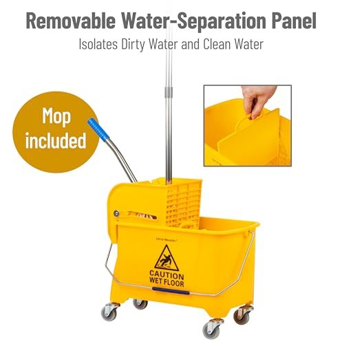 Mind Reader Bucket with Wringer and Mop Set, 22 Qt (5.5 Gallon), Floor Cleaning, Wheels, 16.25" L x 10.75" W x 24.5" H, Yellow