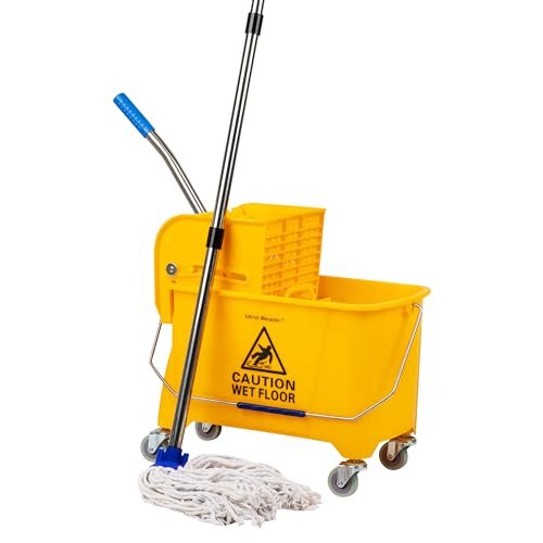 Mind Reader Bucket with Wringer and Mop Set, 22 Qt (5.5 Gallon), Floor Cleaning, Wheels, 16.25" L x 10.75" W x 24.5" H, Yellow