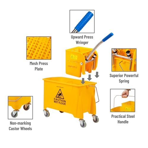 Mind Reader Bucket with Wringer and Mop Set, 22 Qt (5.5 Gallon), Floor Cleaning, Wheels, 16.25" L x 10.75" W x 24.5" H, Yellow
