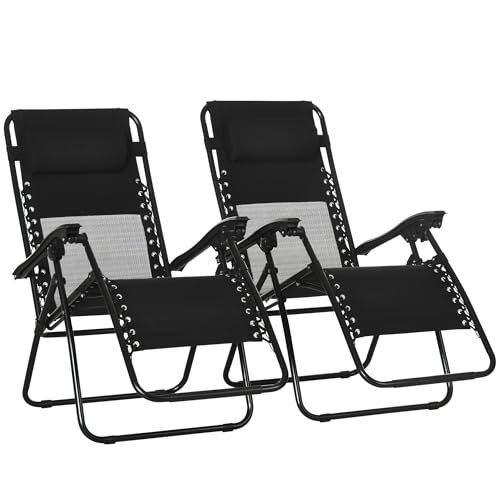 Outsunny Garden Recliner Chairs Set of 2, Outdoor Foldable Zero Gravity Chairs Set w/Footstool and Detachable Headrest, Black