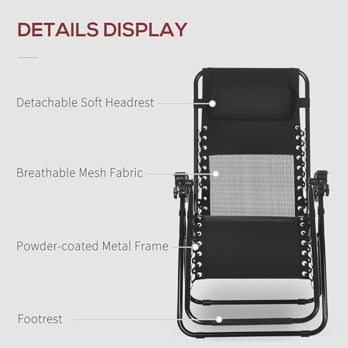 Outsunny Garden Recliner Chairs Set of 2, Outdoor Foldable Zero Gravity Chairs Set w/Footstool and Detachable Headrest, Black