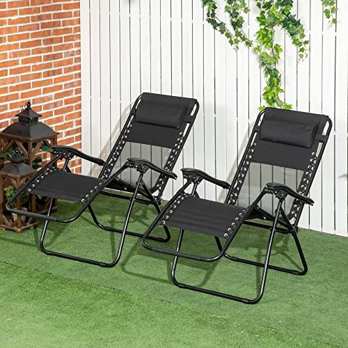 Outsunny Garden Recliner Chairs Set of 2, Outdoor Foldable Zero Gravity Chairs Set w/Footstool and Detachable Headrest, Black