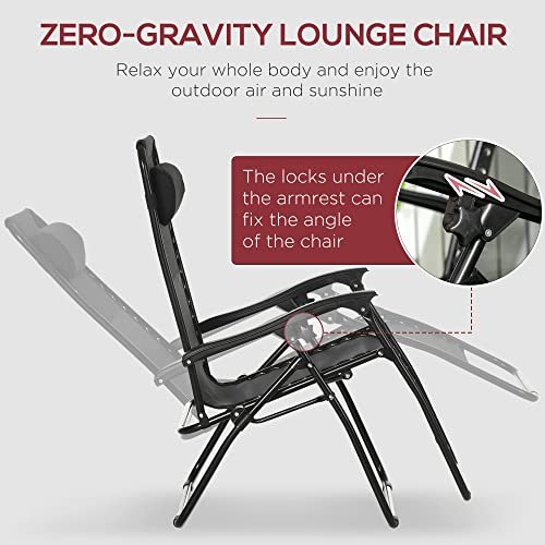 Outsunny Garden Recliner Chairs Set of 2, Outdoor Foldable Zero Gravity Chairs Set w/Footstool and Detachable Headrest, Black