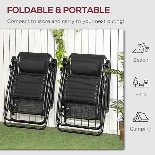 Outsunny Garden Recliner Chairs Set of 2, Outdoor Foldable Zero Gravity Chairs Set w/Footstool and Detachable Headrest, Black